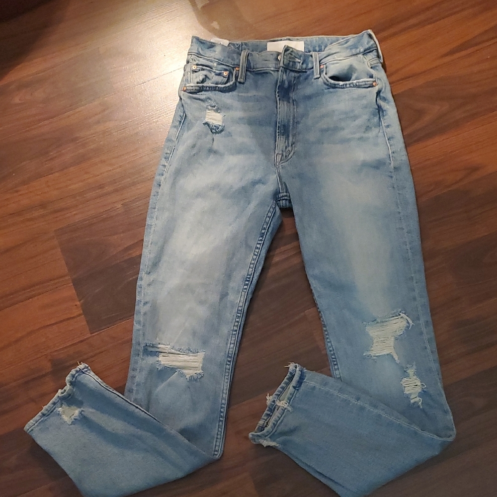 MOTHER Light Blue Distressed High Waist Skinny Jeans